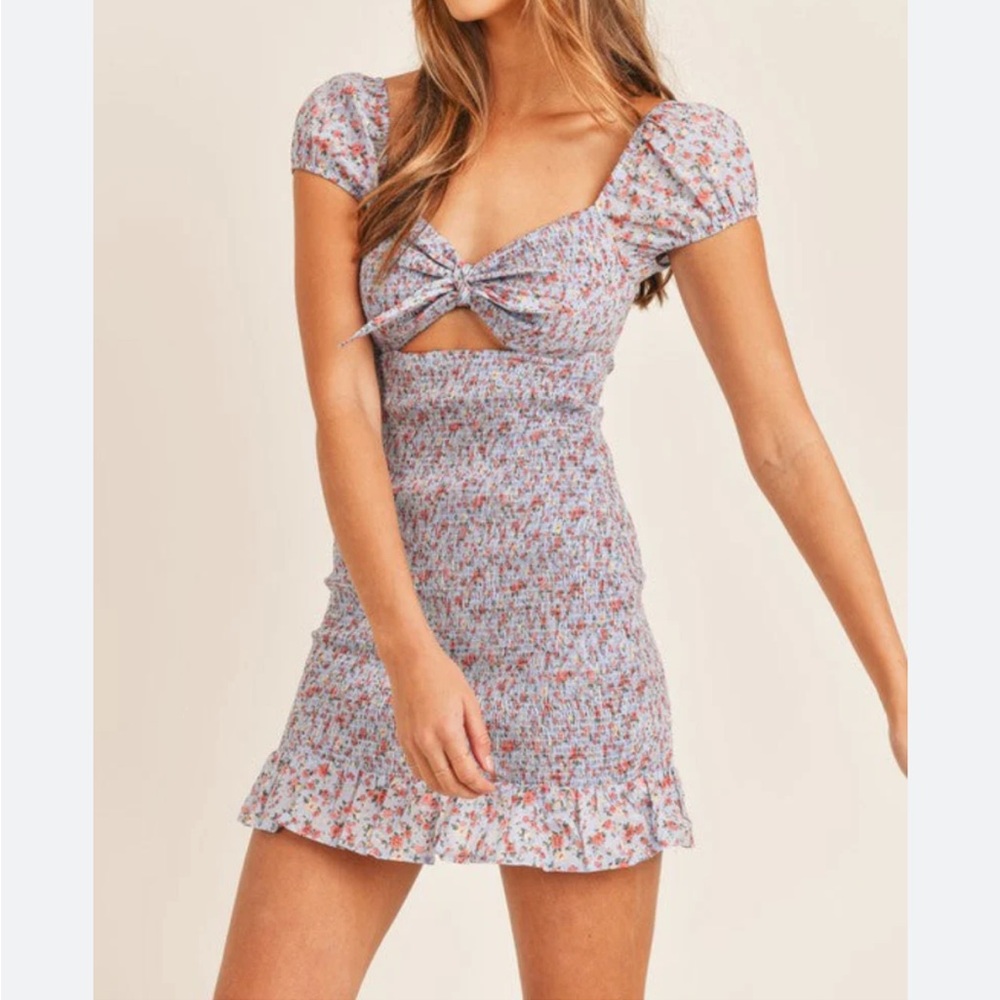 Smocked Ruffle Blue Floral Mini Dress size small